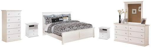 Bostwick Shoals King Panel Bed with Mirrored Dresser, Chest and Nightstand JR Furniture Store