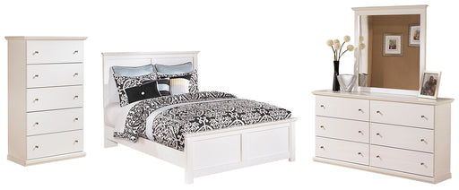 Bostwick Shoals Queen Panel Bed with Mirrored Dresser and Chest JR Furniture Store