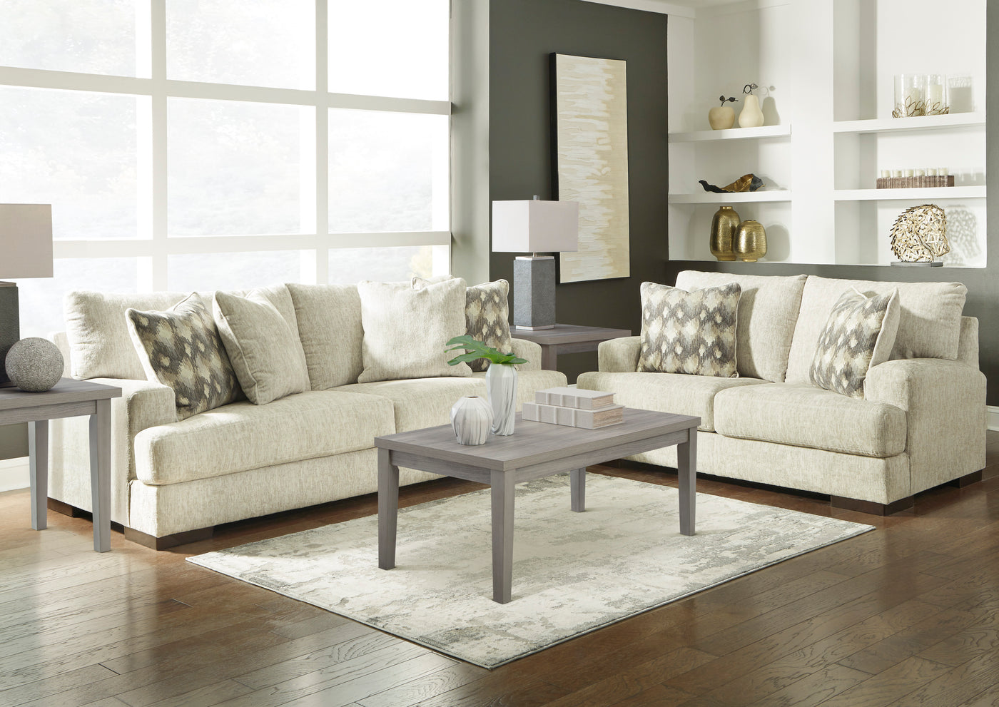 Shop the Look - Take home the Mercado Sofa and Loveseat plus this lovely occasion table set, lamps and area rug! We offer a wide range of living room furniture and accessories at JR Furniture Store in Fayetteville, NC 28311