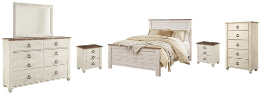 Willowton Queen Panel Bed with Mirrored Dresser, Chest and 2 Nightstands JR Furniture Storefurniture, home furniture, home decor