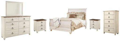 Willowton Queen Sleigh Bed with Mirrored Dresser, Chest and 2 Nightstands JR Furniture Storefurniture, home furniture, home decor