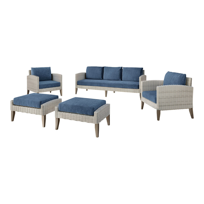 CAREZZA 5 PC SET - SOFA, 2 CLUB CHAIRS, 2 STOOLS-DARK BLUE