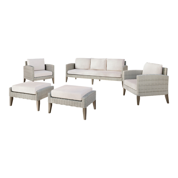 CAREZZA 5 PC SET - SOFA, 2 CLUB CHAIRS, 2 STOOLS- TAUPE