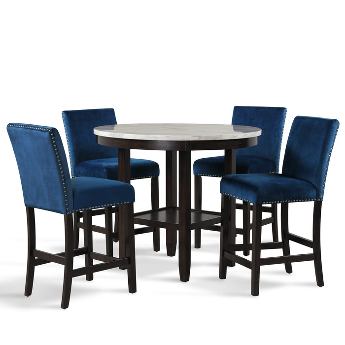 CELESTE  ROUND COUNTER TABLE W/ 4 BLUE CHAIRS