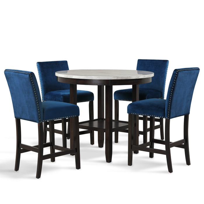 CELESTE  ROUND COUNTER TABLE W/ 4 BLUE CHAIRS