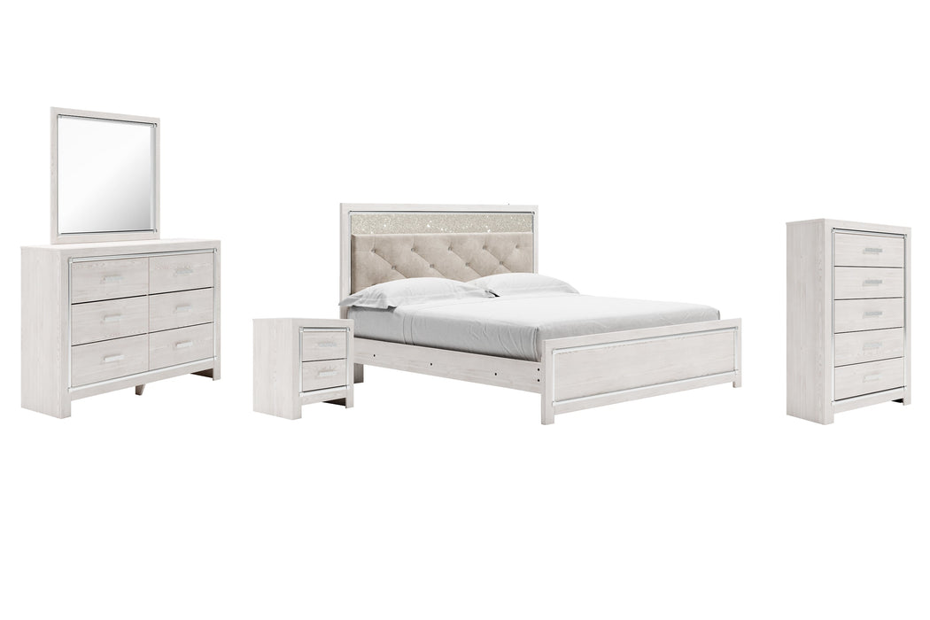 Altyra King Panel Bed with Mirrored Dresser, Chest and Nightstand JR Furniture Store