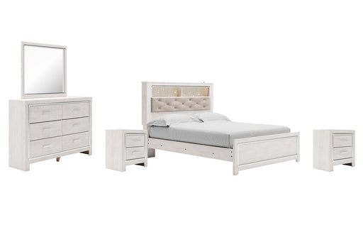 Altyra Queen Panel Bookcase Bed with Mirrored Dresser and 2 Nightstands JR Furniture Store