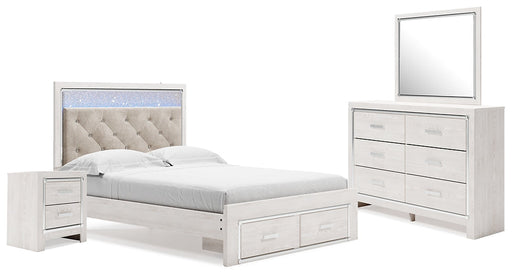 Altyra Queen Upholstered Storage Bed with Mirrored Dresser and Nightstand JR Furniture Store
