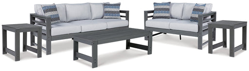 Amora Outdoor Sofa and Loveseat with Coffee Table and 2 End Tables JR Furniture Store