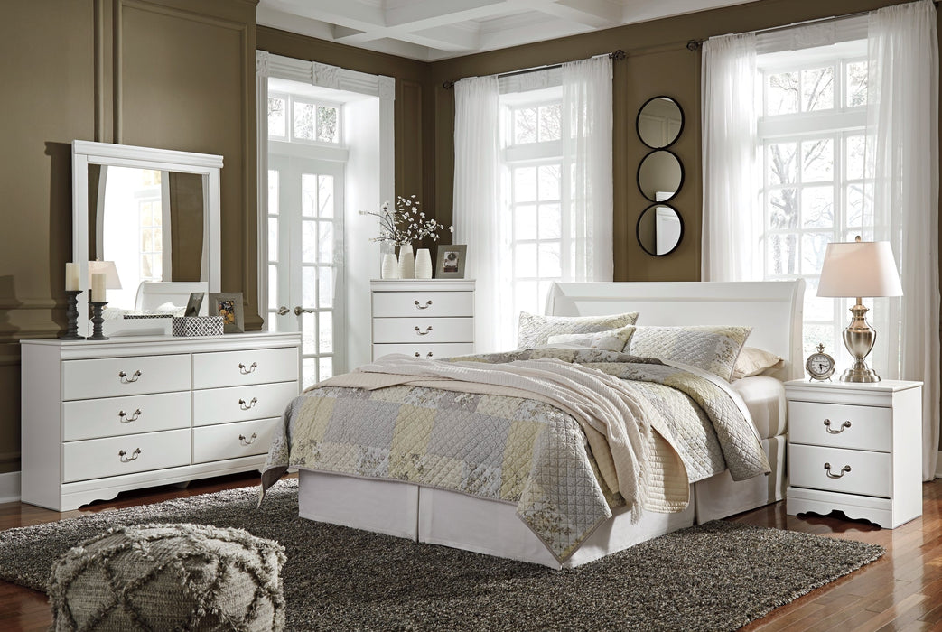 Anarasia Queen Sleigh Headboard with Mirrored Dresser, Chest and 2 Nightstands JR Furniture Store