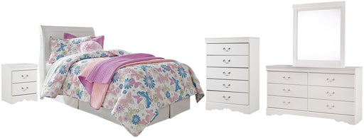 Anarasia Twin Sleigh Headboard with Mirrored Dresser, Chest and Nightstand JR Furniture Store