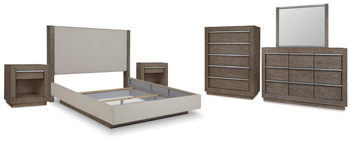 Anibecca California King Upholstered Bed with Mirrored Dresser, Chest and 2 Nightstands JR Furniture Store