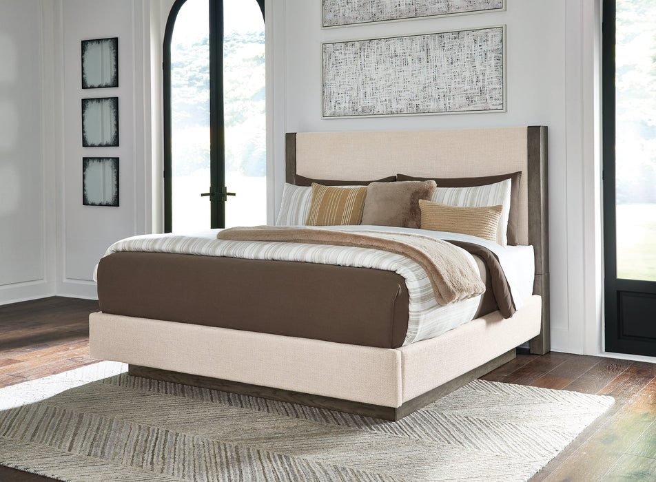 Anibecca California King Upholstered Bed with Mirrored Dresser, Chest and 2 Nightstands JR Furniture Store