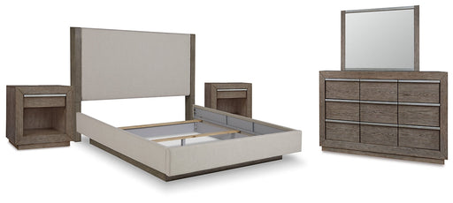Anibecca California King Upholstered Bed with Mirrored Dresser and 2 Nightstands JR Furniture Store