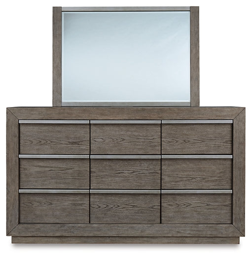 Anibecca King Upholstered Bed with Mirrored Dresser, Chest and 2 Nightstands JR Furniture Store