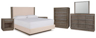 Anibecca Queen Upholstered Panel Bed with Mirrored Dresser, Chest and 2 Nightstands JR Furniture Store