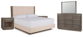 Anibecca Queen Upholstered Panel Bed with Mirrored Dresser and 2 Nightstands JR Furniture Store