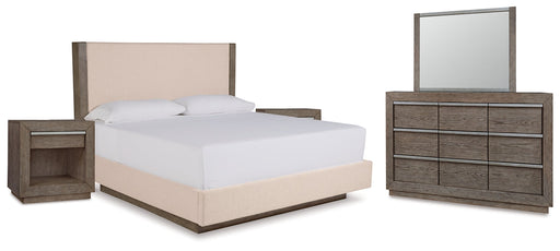 Anibecca Queen Upholstered Panel Bed with Mirrored Dresser and 2 Nightstands JR Furniture Store