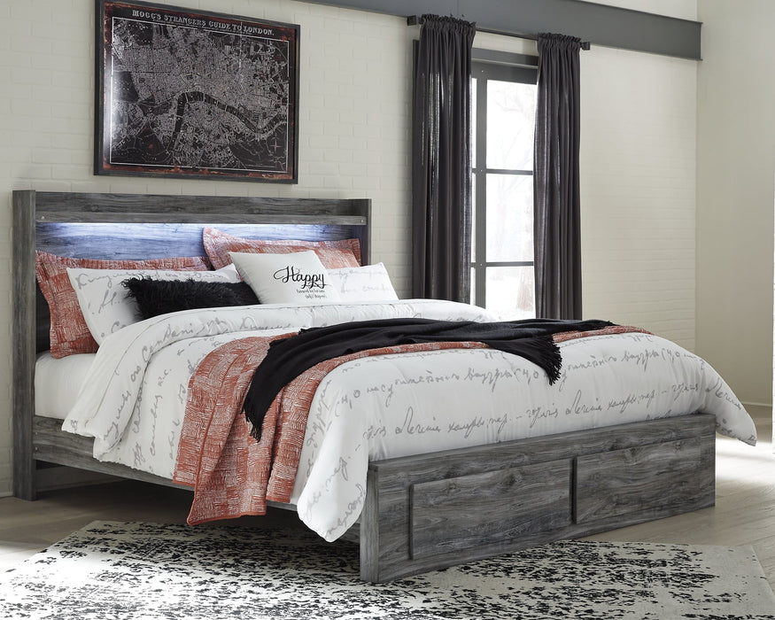 Baystorm King Panel Bed with 2 Storage Drawers with Mirrored Dresser, and Nightstand JR Furniture Store