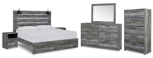 Baystorm King Panel Bed with Mirrored Dresser, Chest and 2 Nightstands JR Furniture Store
