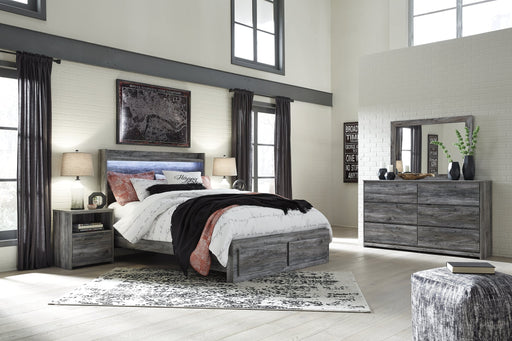 Baystorm Queen Panel Bed with 2 Storage Drawers with Mirrored Dresser and Nightstand JR Furniture Store