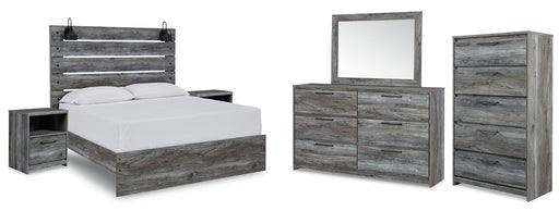 Baystorm Queen Panel Bed with Mirrored Dresser, Chest and 2 Nightstands JR Furniture Store