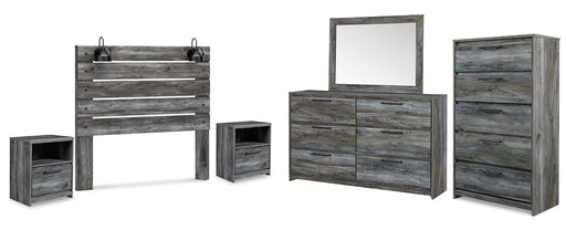 Baystorm Queen Panel Headboard with Mirrored Dresser, Chest and 2 Nightstands JR Furniture Store