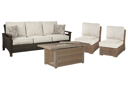 Beachcroft Outdoor Sofa and 2 Lounge Chairs with Fire Pit Table JR Furniture Store