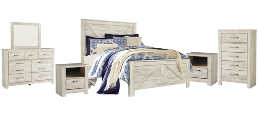 Bellaby Queen Crossbuck Panel Bed with Mirrored Dresser, Chest and 2 Nightstands JR Furniture Store