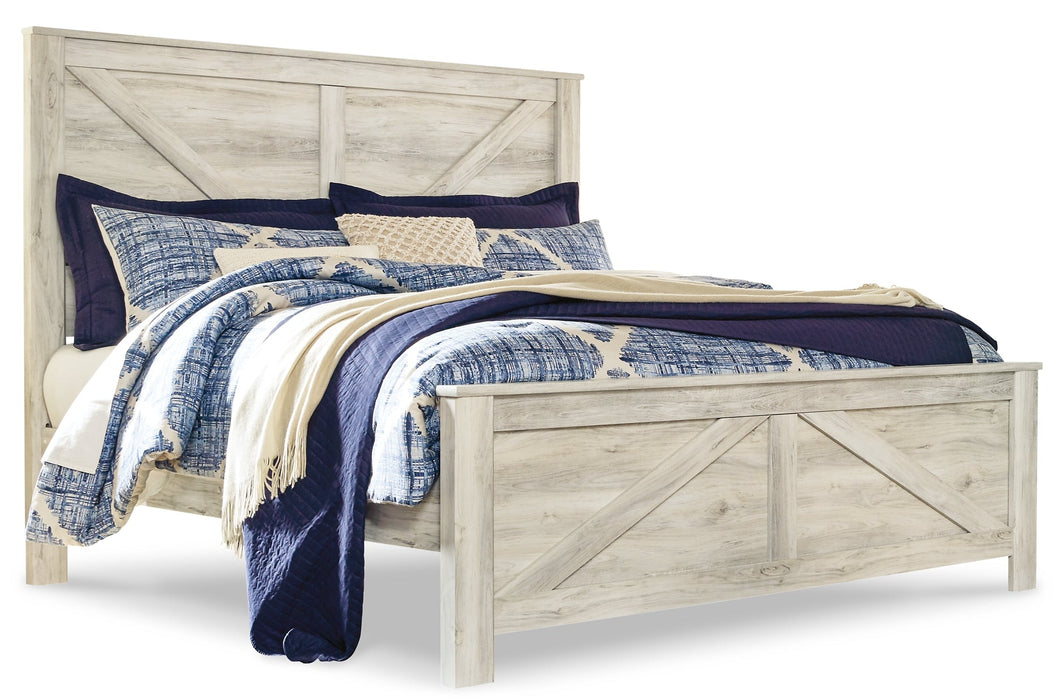 Bellaby Queen Crossbuck Panel Bed with Mirrored Dresser, Chest and Nightstand JR Furniture Store