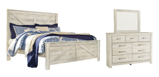 Bellaby Queen Crossbuck Panel Bed with Mirrored Dresser JR Furniture Store