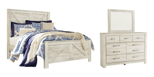 Bellaby Queen Crossbuck Panel Bed with Mirrored Dresser JR Furniture Store