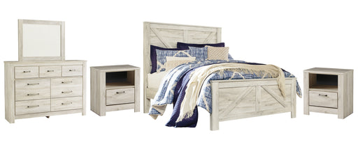 Bellaby Queen Crossbuck Panel Bed with Mirrored Dresser and 2 Nightstands JR Furniture Store