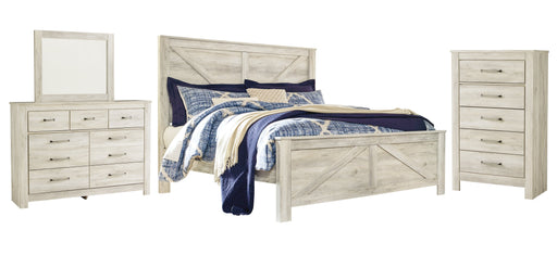 Bellaby Queen Crossbuck Panel Bed with Mirrored Dresser and Chest JR Furniture Store
