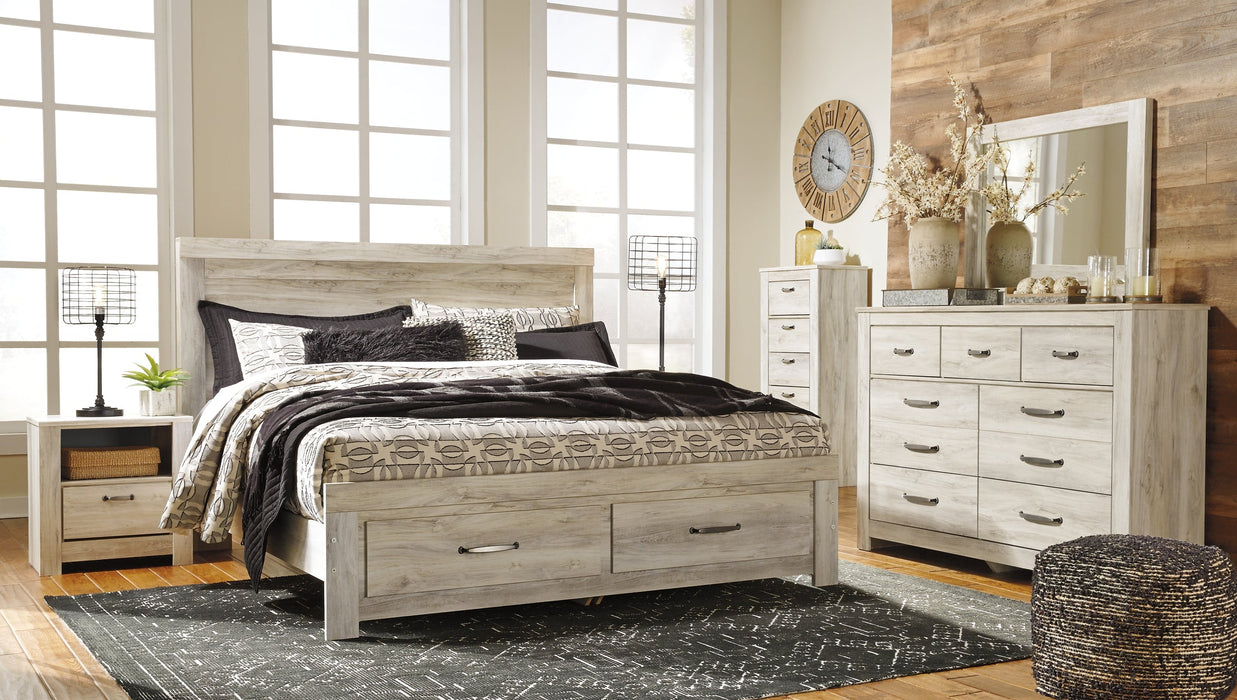 Bellaby Queen Platform Bed with 2 Storage Drawers with Mirrored Dresser, Chest and Nightstand JR Furniture Store