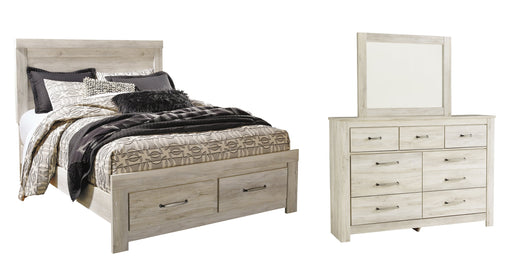 Bellaby Queen Platform Bed with 2 Storage Drawers with Mirrored Dresser JR Furniture Store