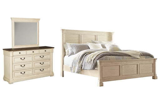 Bolanburg King Panel Bed with Mirrored Dresser JR Furniture Store