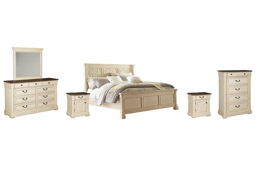 Bolanburg King Panel Bed with Mirrored Dresser and 2 Nightstands JR Furniture Store