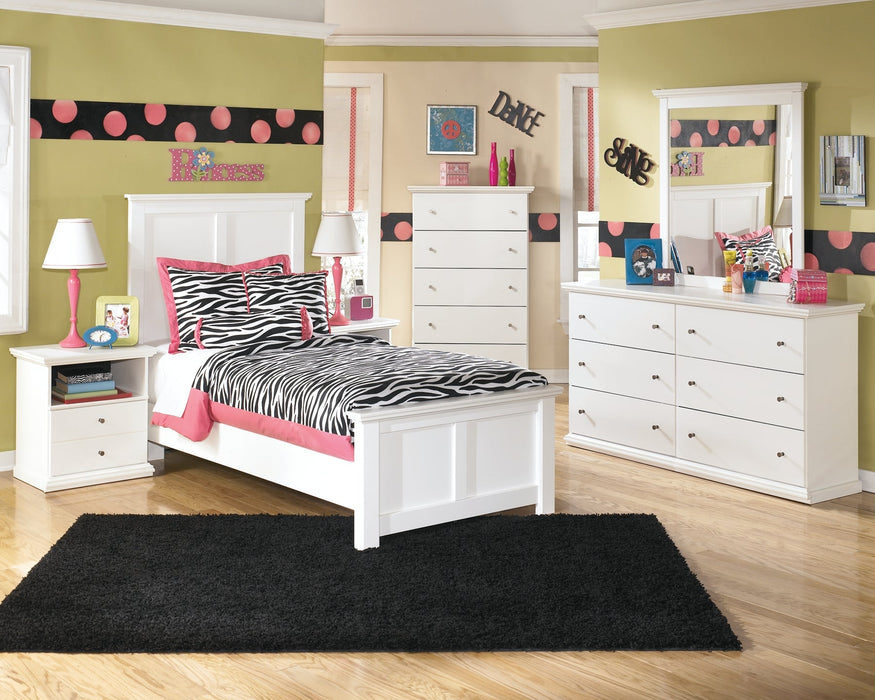 Bostwick Shoals Twin Panel Bed with Mirrored Dresser and Chest JR Furniture Store