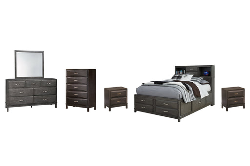 Caitbrook Queen Storage Bed with 8 Storage Drawers with Mirrored Dresser, Chest and 2 Nightstands JR Furniture Store