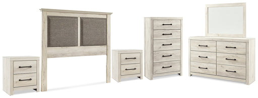 Cambeck King/California King Upholstered Panel Headboard with Mirrored Dresser, Chest and 2 Nightstands JR Furniture Store