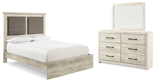 Cambeck King Upholstered Panel Bed with Mirrored Dresser JR Furniture Store