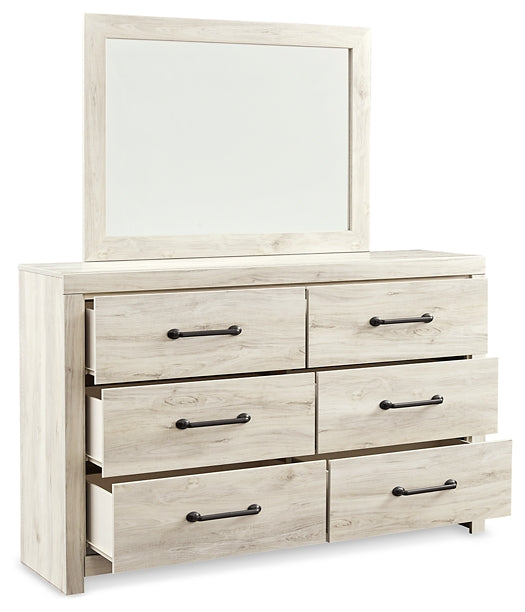 Cambeck King Upholstered Panel Bed with Mirrored Dresser and Chest JR Furniture Store