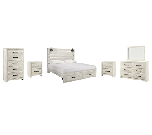 Cambeck Queen Panel Bed with 2 Storage Drawers with Mirrored Dresser, Chest and 2 Nightstands JR Furniture Store