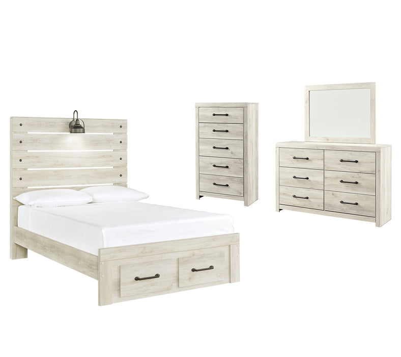 Cambeck Queen Panel Bed with 2 Storage Drawers with Mirrored Dresser and Chest JR Furniture Store