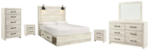 Cambeck Queen Panel Bed with 4 Storage Drawers with Mirrored Dresser, Chest and 2 Nightstands JR Furniture Store