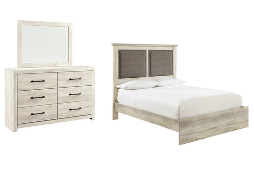 Cambeck Queen Upholstered Panel Bed with Mirrored Dresser JR Furniture Store