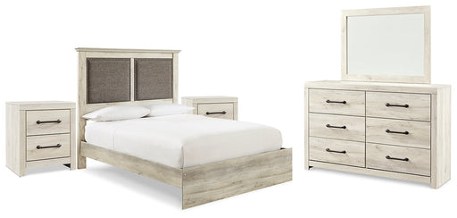 Cambeck Queen Upholstered Panel Bed with Mirrored Dresser and 2 Nightstands JR Furniture Store