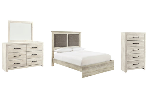 Cambeck Queen Upholstered Panel Bed with Mirrored Dresser and Chest JR Furniture Store