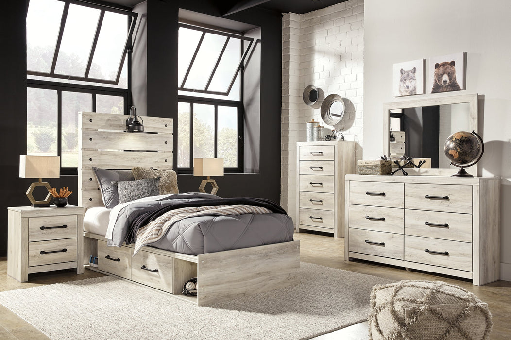 Cambeck Twin Panel Bed with 4 Storage Drawers with Mirrored Dresser, Chest and Nightstand JR Furniture Store